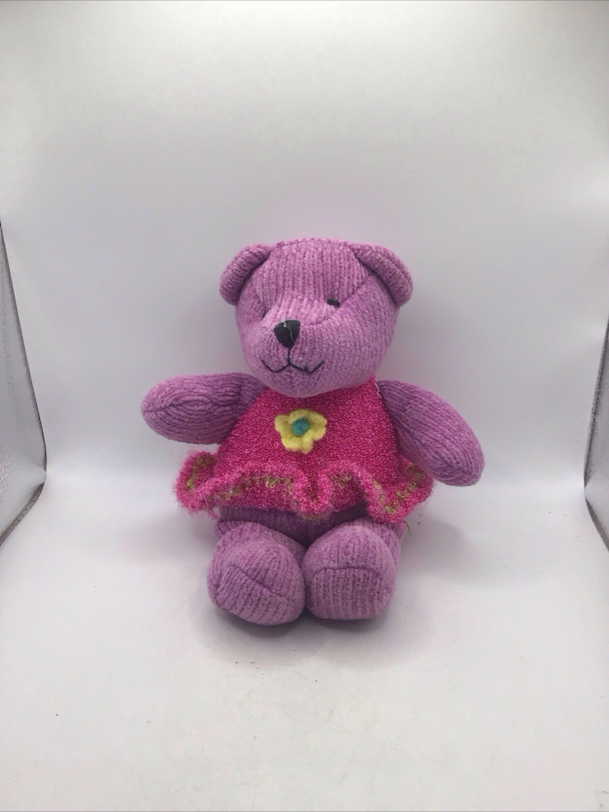 Vtg Russ Berrie Chenille Teddy Bear Handemade Purple Pink Dress Flower Retired