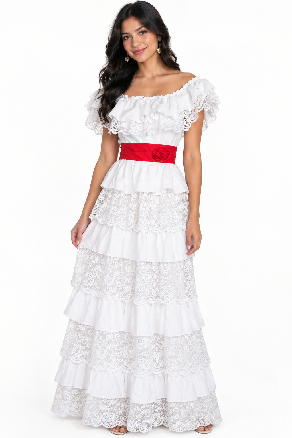 Spanish Dancer Ruffles Lace Rose Dress Off Shoulder Theator  Halloween Costume 9