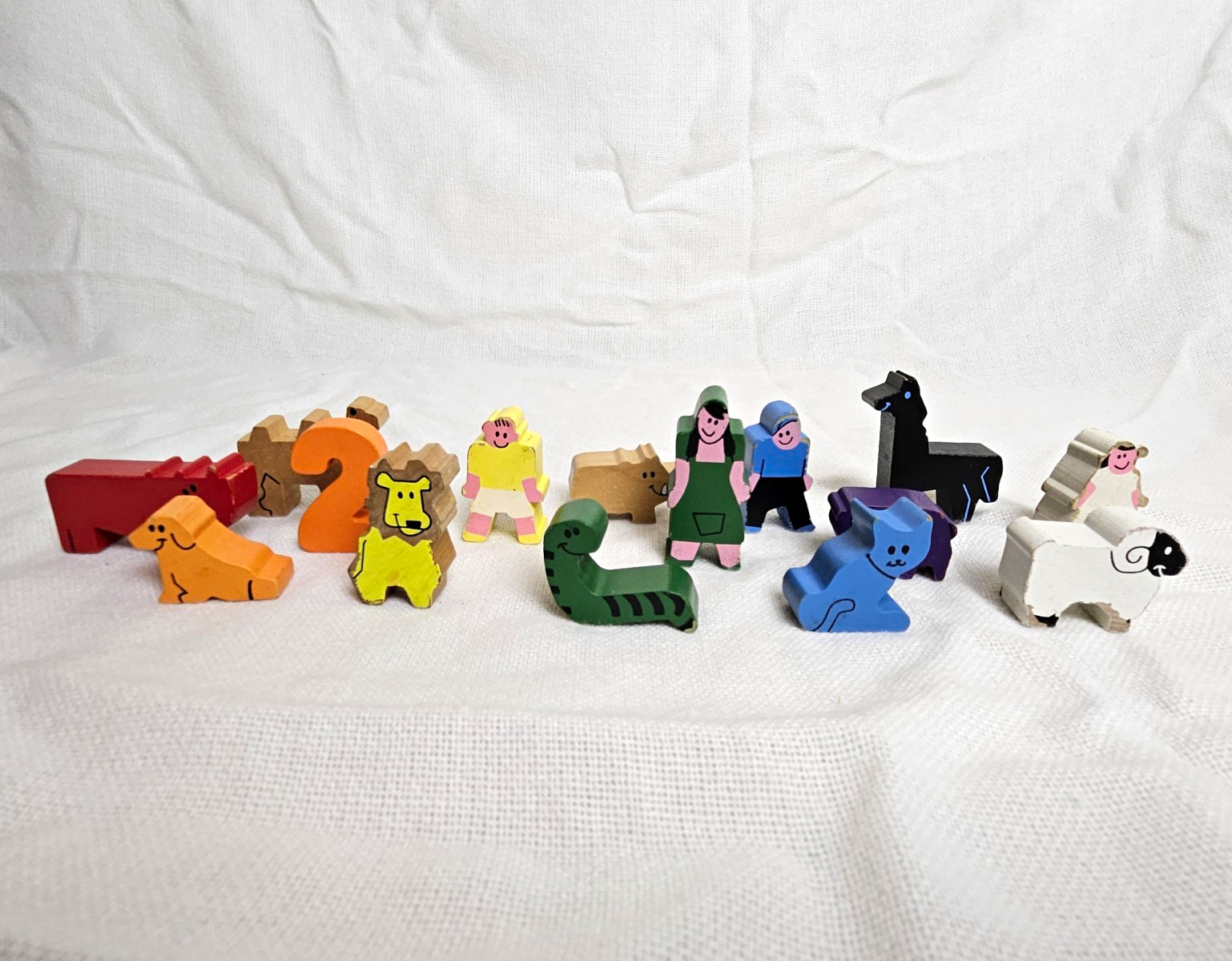 Lot of 15 Vintage Hand Painted Wooden Toy Animals People Block Set Montessori