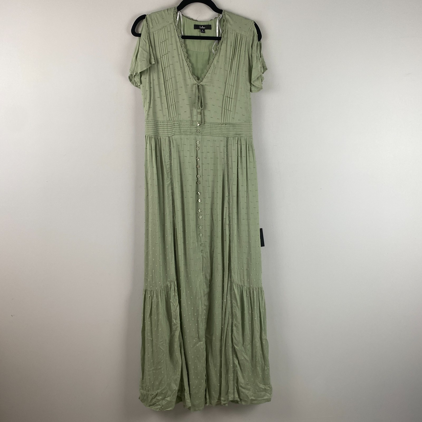 Lulus Completely In Love Swiss Dot Button-Front Maxi Dress Sage Green Sz M