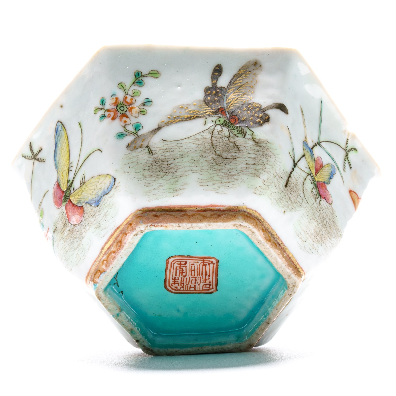 Chinese Porcelain Bowl Dish Famille Rose Butterfly Turquoise Tongzhi Mark 19C
