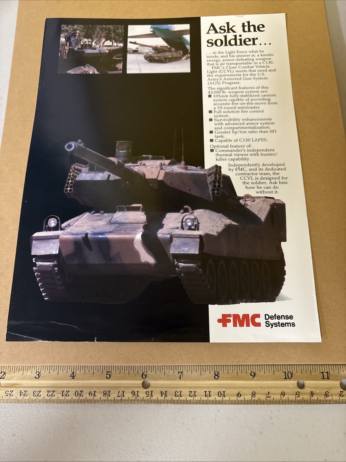 Vintage FMC C130 Close Combat Vehicle Light Tank Brochure US Army AGS Program