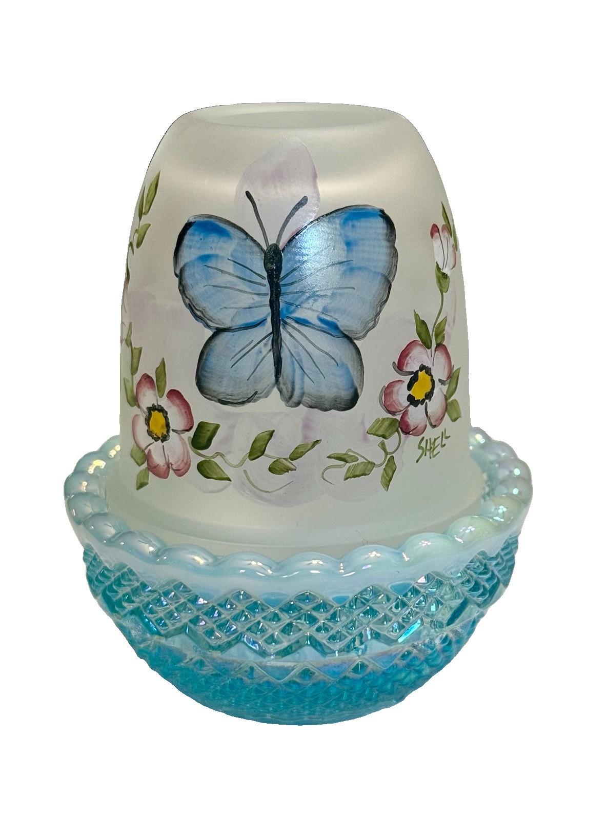Mosser Glass Fairy Lamp HP Blue Butterfly On Aqua Opalescent Iridized Signed