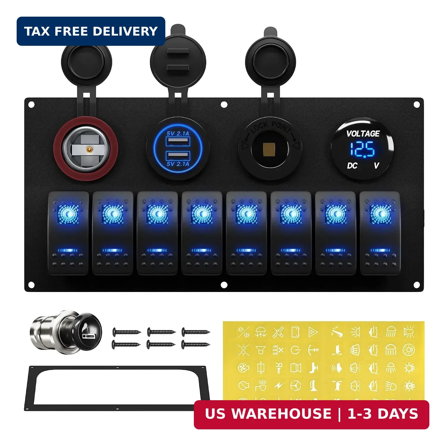 RVBOATPAT Marine Boat Switch Panel Waterproof 8 Gang 12V Rocker Switch Panel 12
