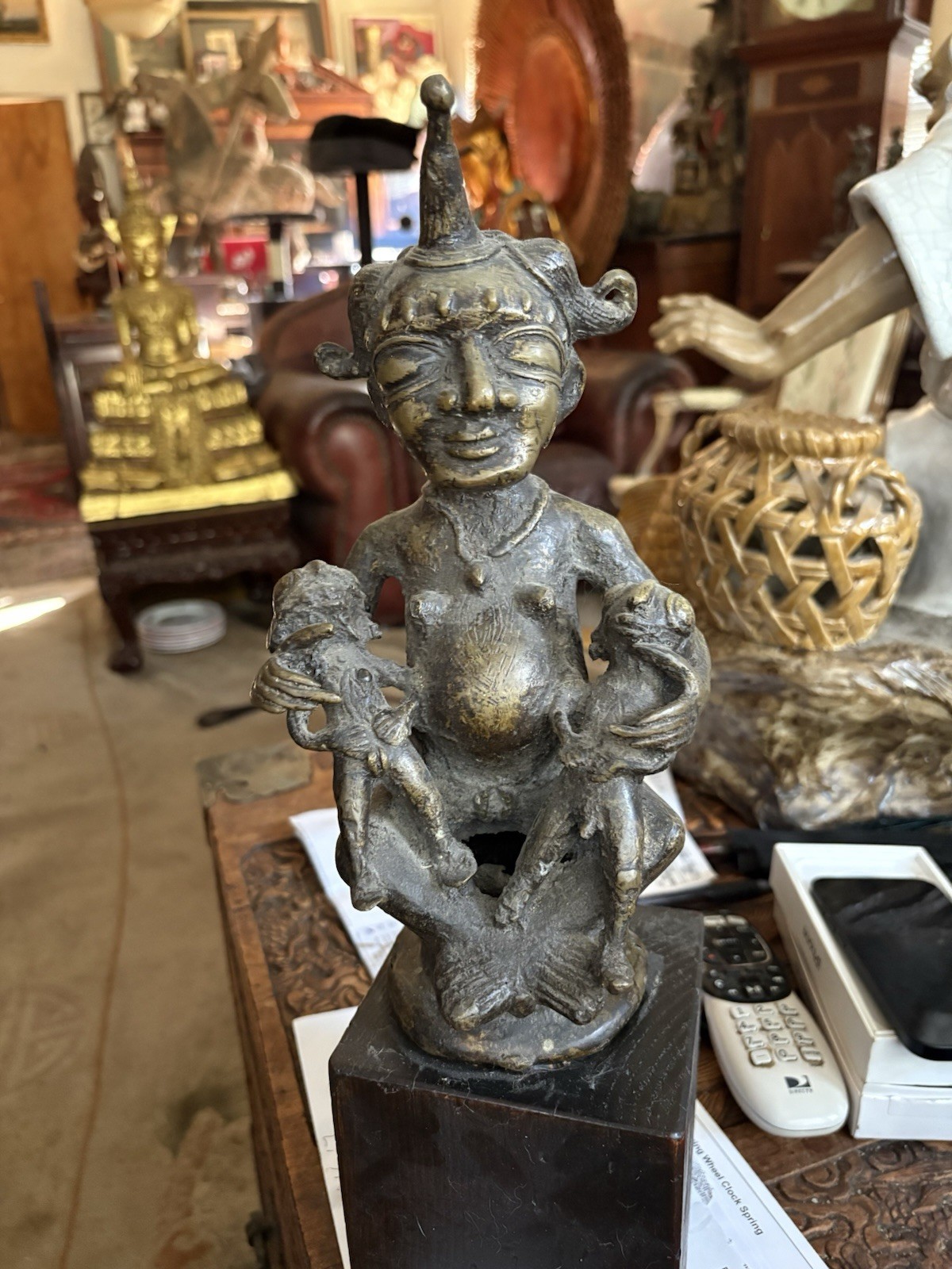 Bamileke Bronze Old Mother& Child Sculpture
