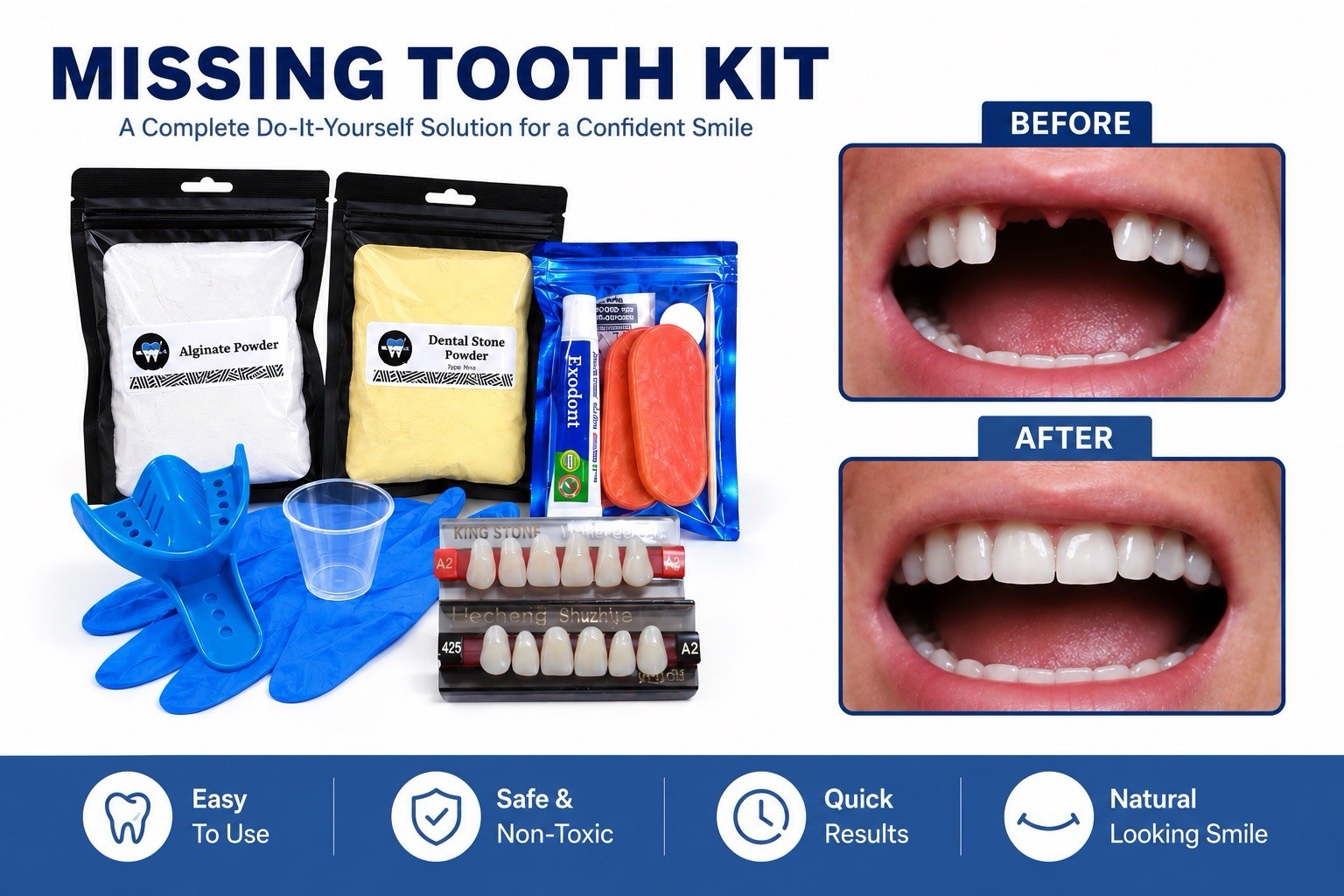 Missing Tooth Kit Replace Missing Front Teeth 1-6 at Home Partial Flipper Teeth