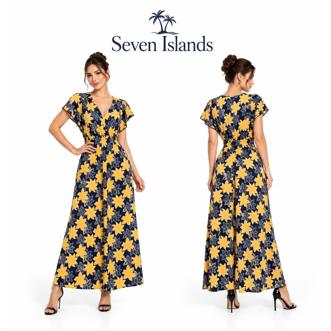 Seven Islands Petite Floral Maxi Dress Navy Yellow Smocked Waist PS 3518P-153
