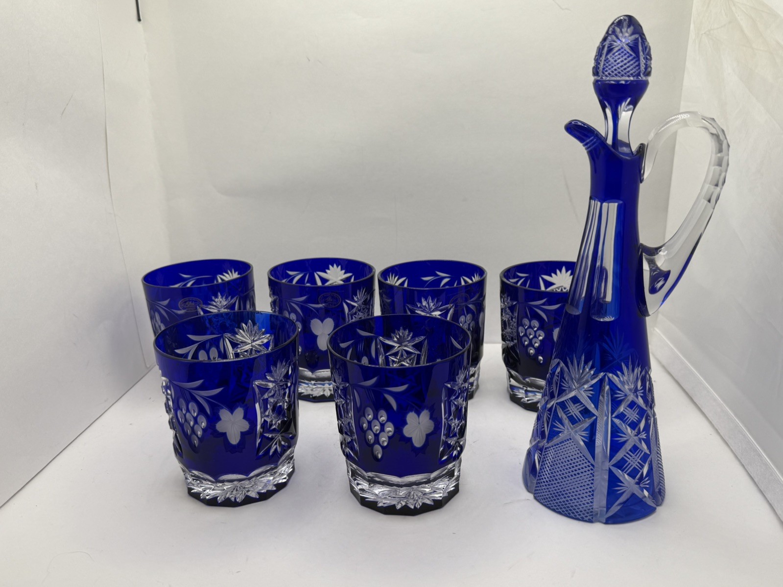 Ajka Crystal Nachtmann Cobalt Blue Decanter and 6 Cordial Blue Cut Glasses Ajka Crystal Nachtmann Cobalt Blue Decanter and 6 Cordial Blue Cut Glasses