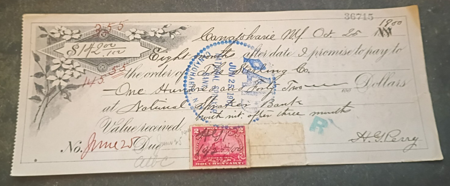 VINTAGE 1900 National Spraker Bank CHECK, BANK NOTE VINTAGE 1900 National Spraker Bank CHECK, BANK NOTE