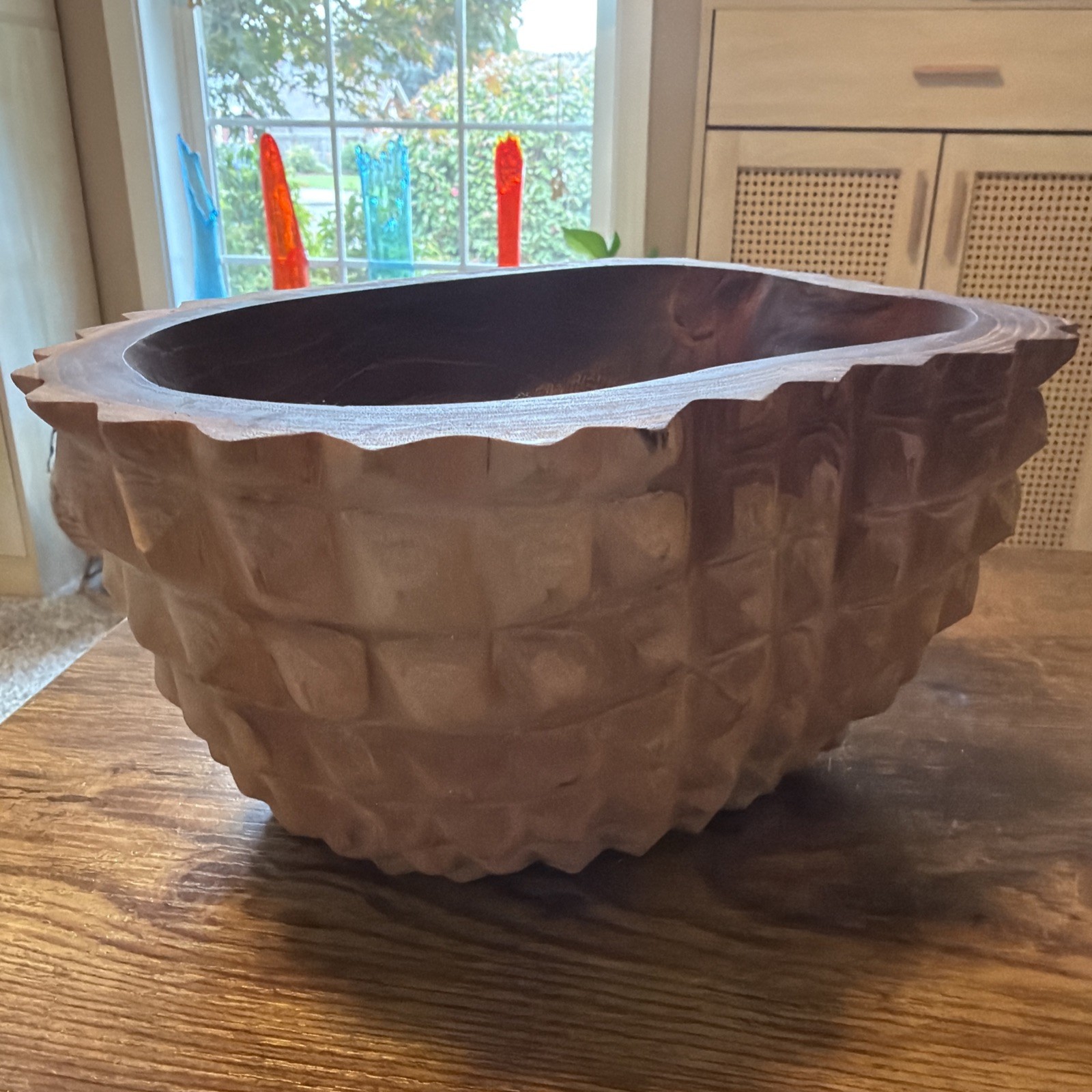Vintage Tramp Primitive Art Textured Handmade Folk Wood Bowl