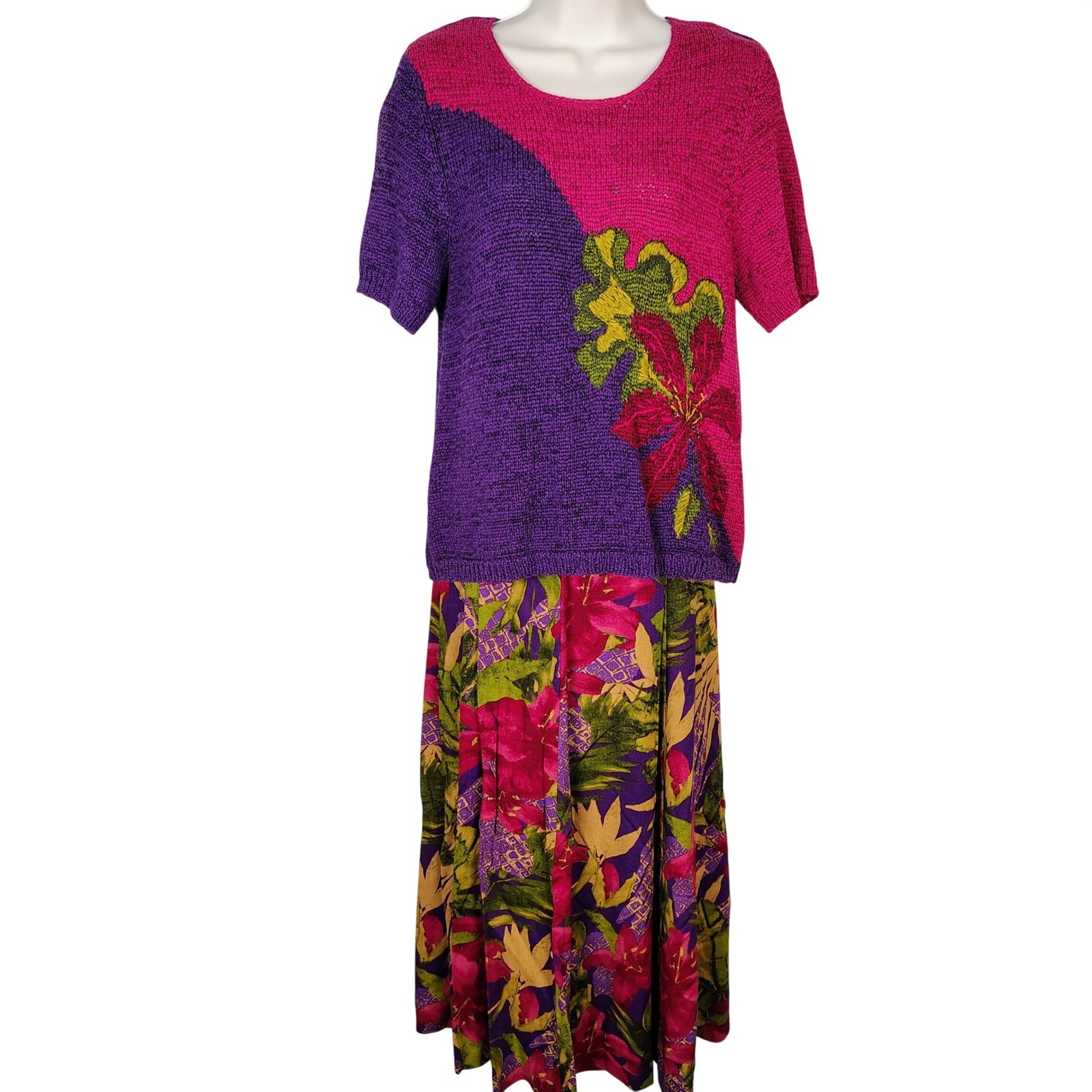 Koret Vintage 2 Piece Set Womens Medium Pink Purple Floral Knit Top Maxi Skirt