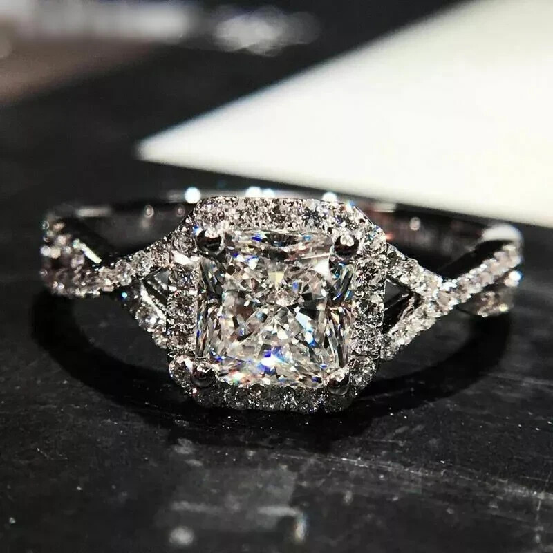 Halo Engagement Ring 2.20Ct Princess Cut White Moissanite 14k White Gold Size 8