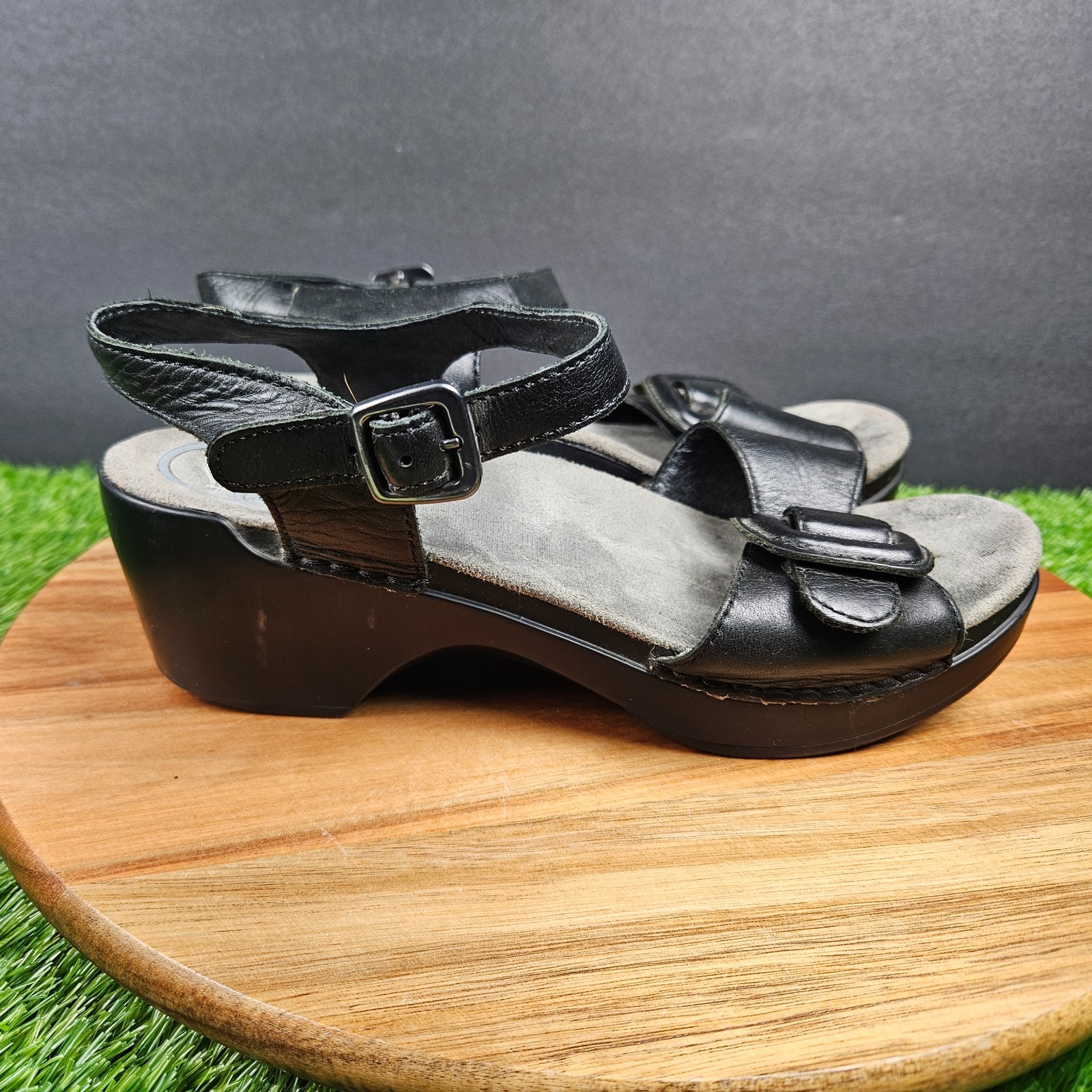 DANSKO Sela Wedge Sandals Womens 38 Slide Black Leather Buckle Casual Slingback