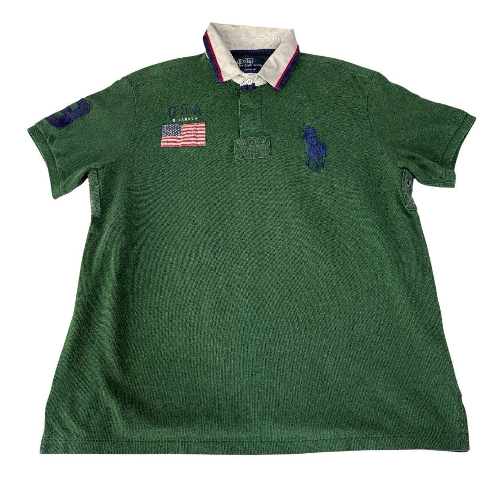 Vintage Polo Ralph Lauren Polo Shirt USA Flag Big Pony Custom Fit Rugby Mens XL