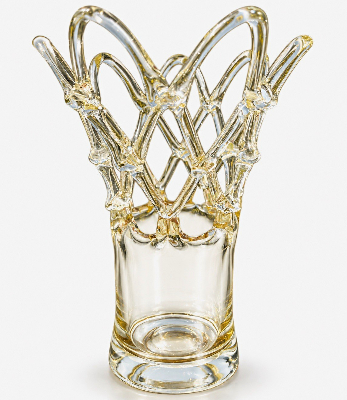 Vintage Italian Hand Blown Art Glass Vase Amber Lattice Crown Applied Glass