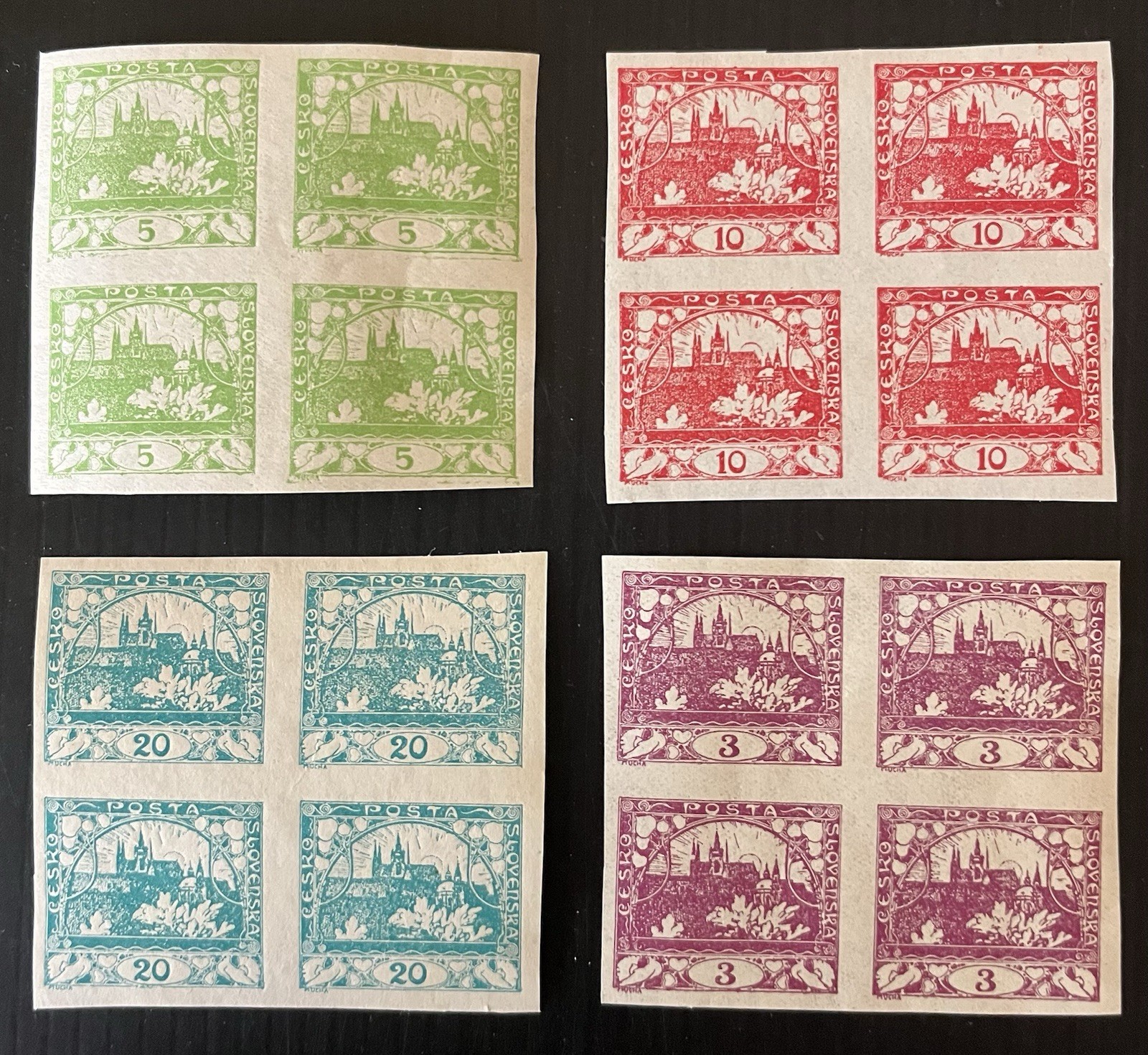 CZECHOSLOVAKIA - 1918, 4 Imperforated Blocks - MNH CZECHOSLOVAKIA - 1918, 4 Imperforated Blocks - MNH