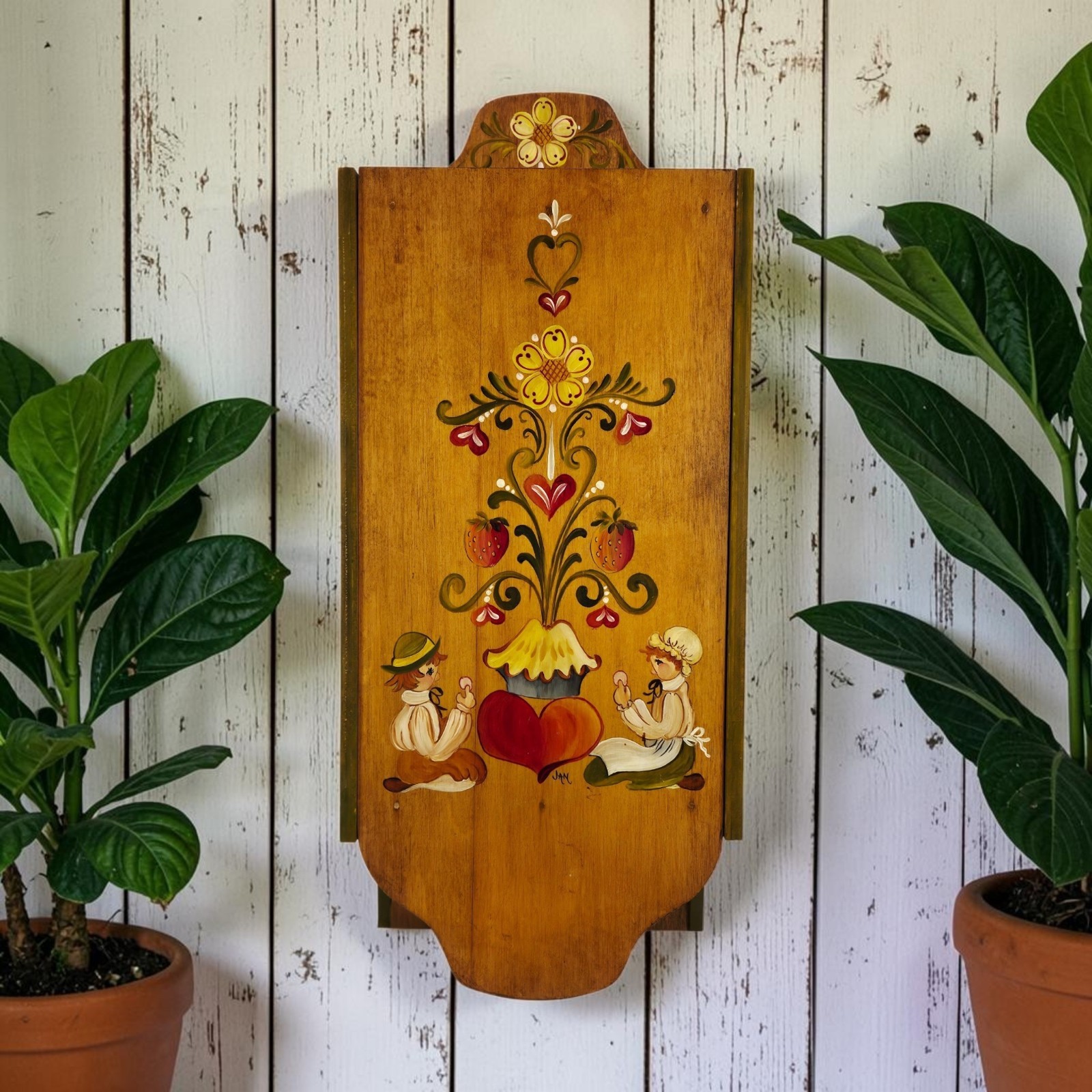 VTG Hand Painted Wood Folk Art Floral Wall Mount Recipe Box Fold Flip Down Door