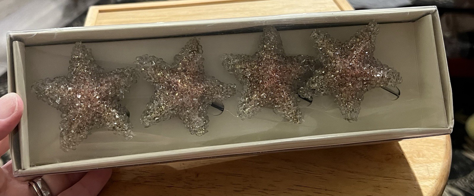 VTG Pier 1 Imports Set of 4 Gold Beaded Star Napkin Rings New In Box - Starfish