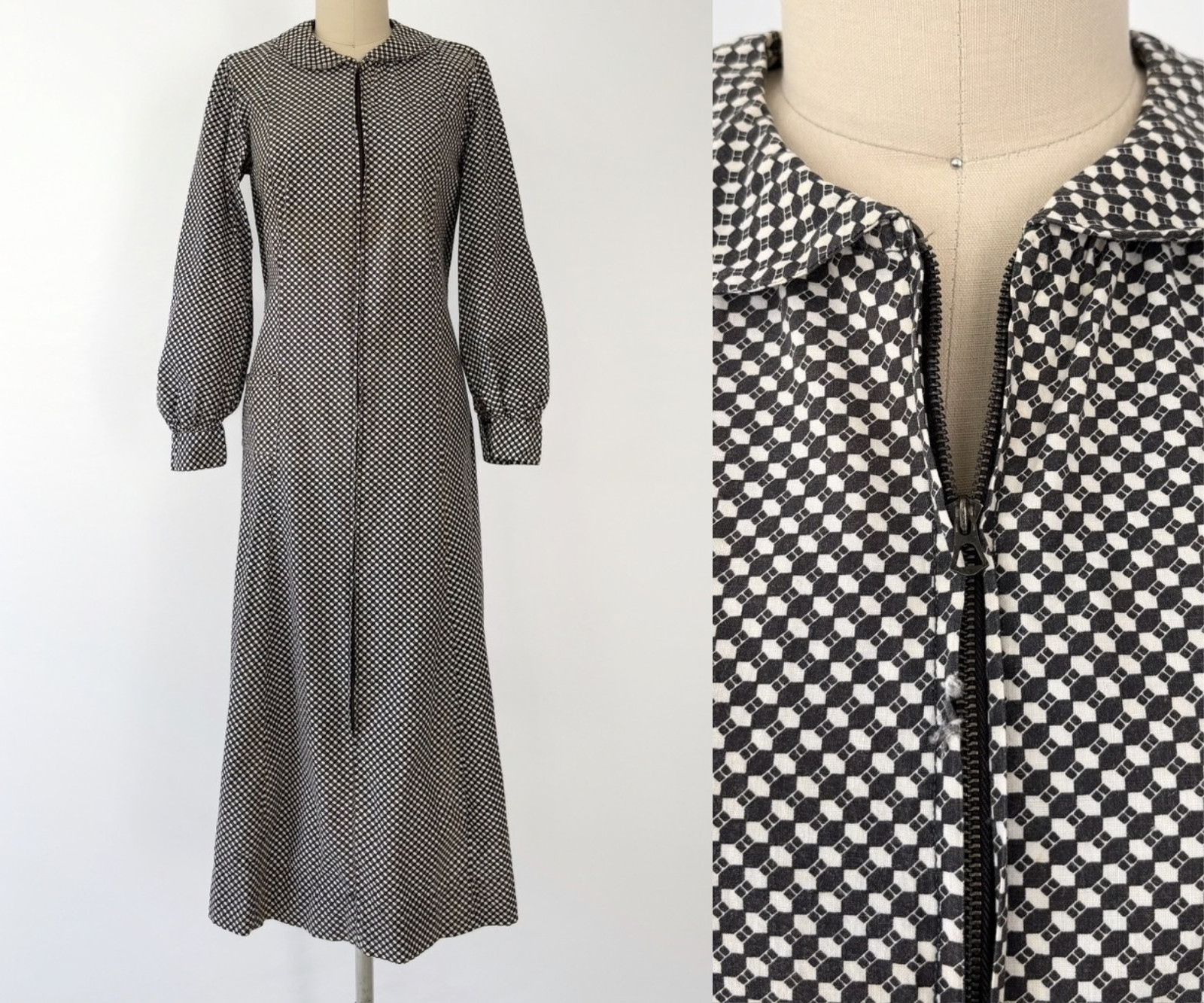 1930s 40s Geometric Print Cotton Front Zip Farmhouse Dress Long Sleeves Small
