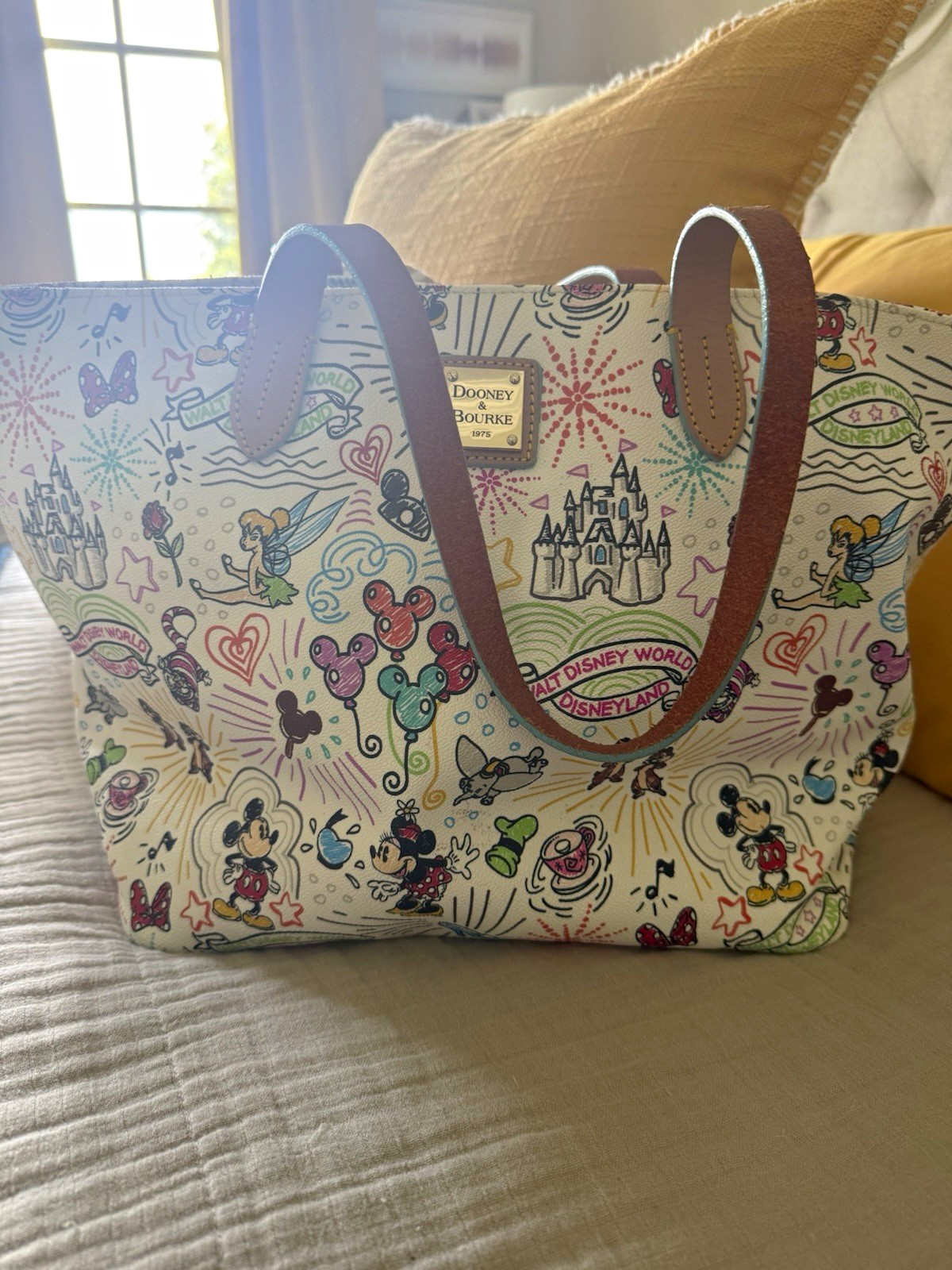 Disney Dooney & Bourke White Sketch Tote Bag Parks Mickey Tinker Bell excellent