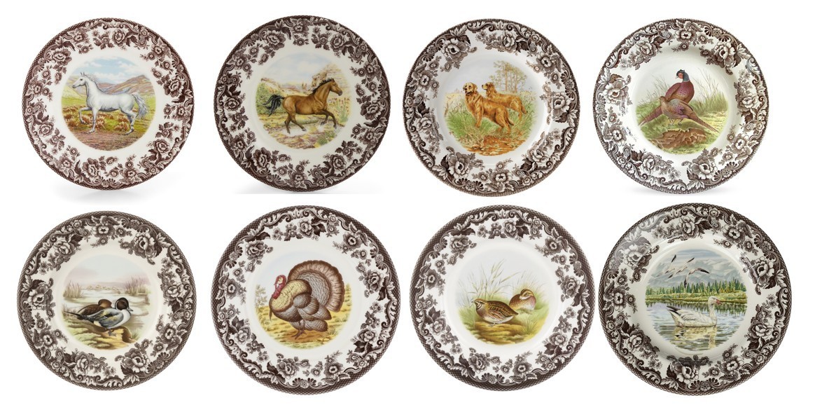 Spode woodland set of 8 X dinner plates- 8  designs inc horses-----3708-----