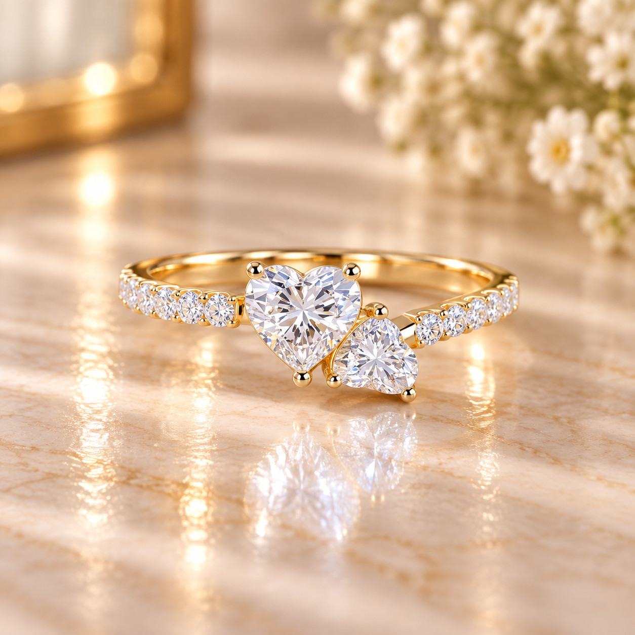 0.90 Ct Dual Heart Lab Grown Diamond Engagement Ring in 14k Yellow Gold