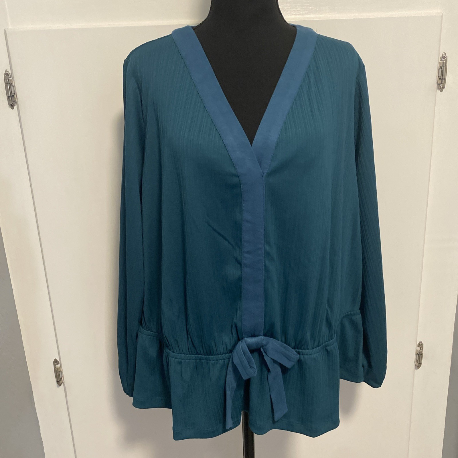 Les Serein NEW Top 2X Teal Peplum Bow Long Sleeve Stretch Blouse Office Casual
