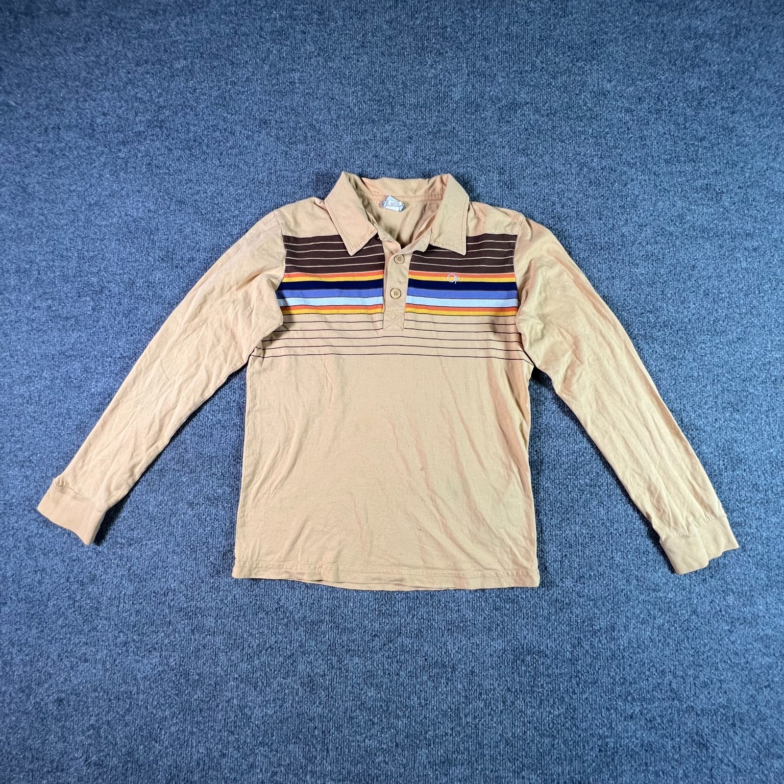 Vintage Ocean Pacific Polo Shirt Mens S Beige Cotton Long Sleeve Striped Op