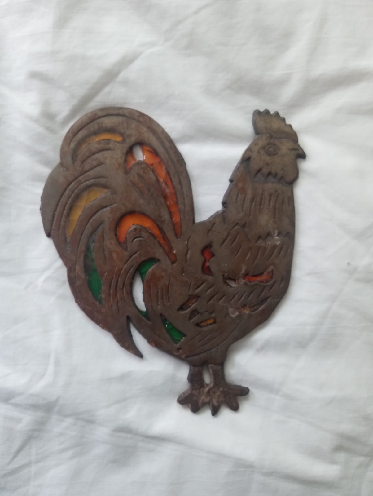 Vintage 1983 Cast Iron & Faux Stained Glass Rooster Wall Decor - Country