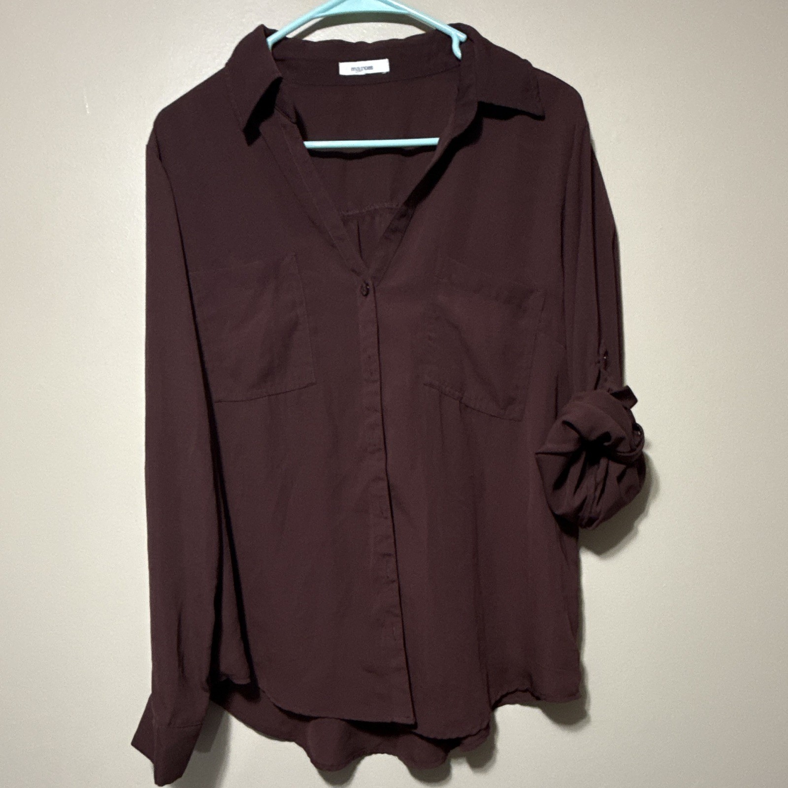 maurices Women\'s Burgundy Solid Collared Long Sleeve Button-Up Blouse Top L/XL