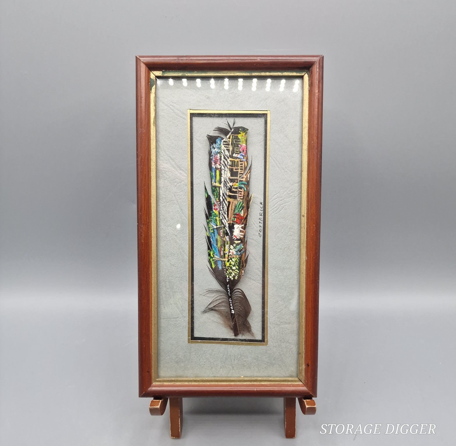VTG Hand-Painted Costa Rica Feather Art Detailed Village Scene Framed Souvenir