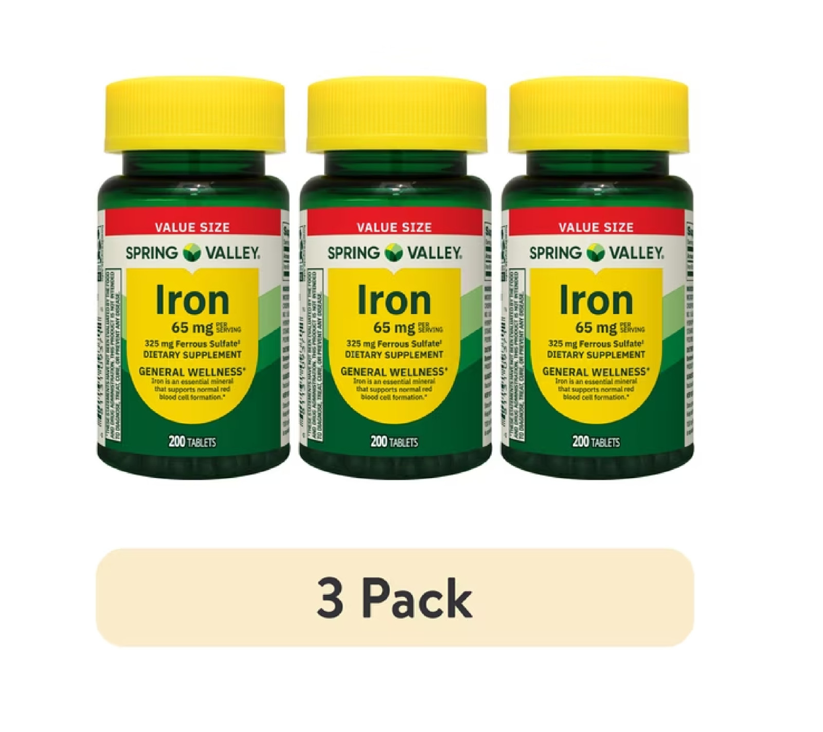 Spring Valley Iron 65 mg Dietary Supplement  200 Tablets Mineral Support 3 Pack