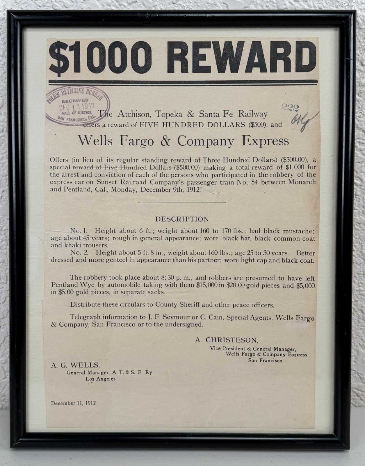 Antique Wells Fargo & Co Reward Wanted Poster Criminal Robber Western Outlaw #9