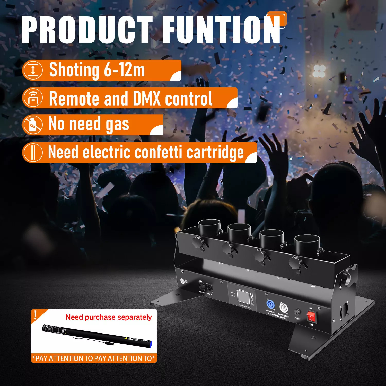 4-Shot Electric Confetti Cannon Machine DMX / Remote Control Party DJ Effect 4-Shot Electric Confetti Cannon Machine DMX / Remote Control Party DJ Effect