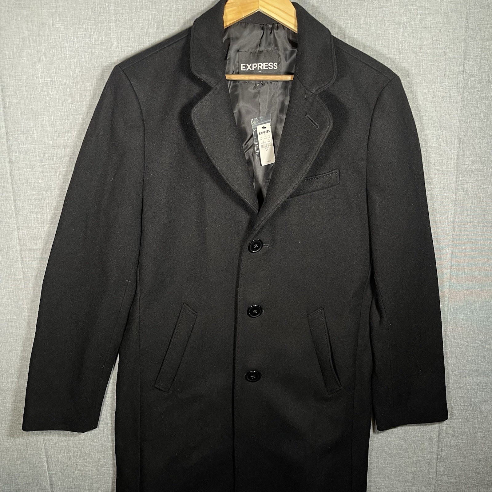 NWT Express Mens Black Recycled Wool Blend Mid Rise Trench Overcoat Mens S