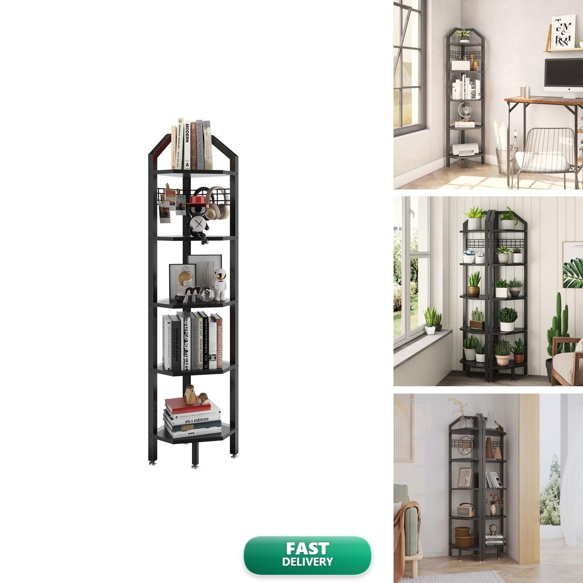 YMYNY 5-Tier Corner Shelf Stand Metal Frame Black UHBR006B YMYNY 5-Tier Corner Shelf Stand Metal Frame Black UHBR006B