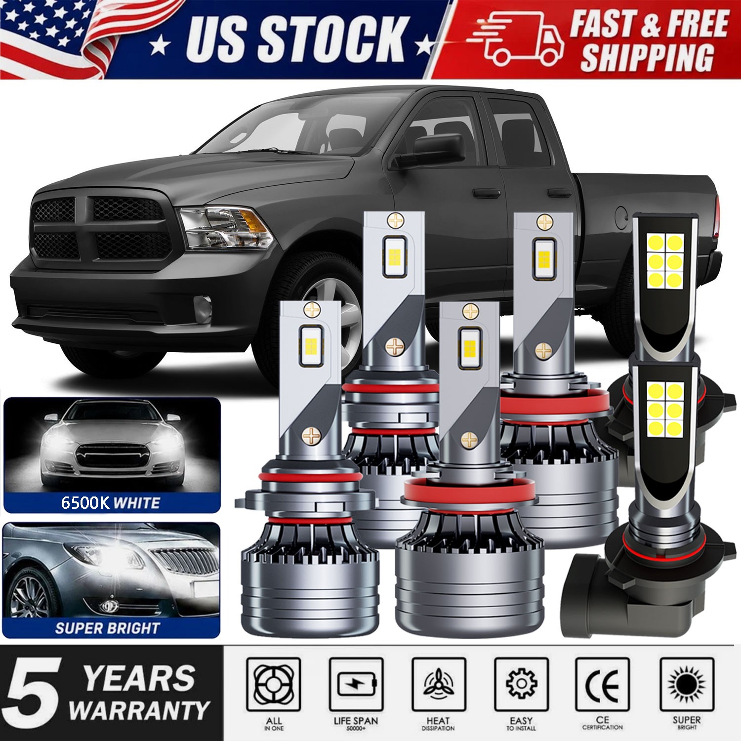 For RAM 1500 2500 3500 2013-2018 Combo 6X LED Headlight Hi/Lo + Fog Light Bulbs