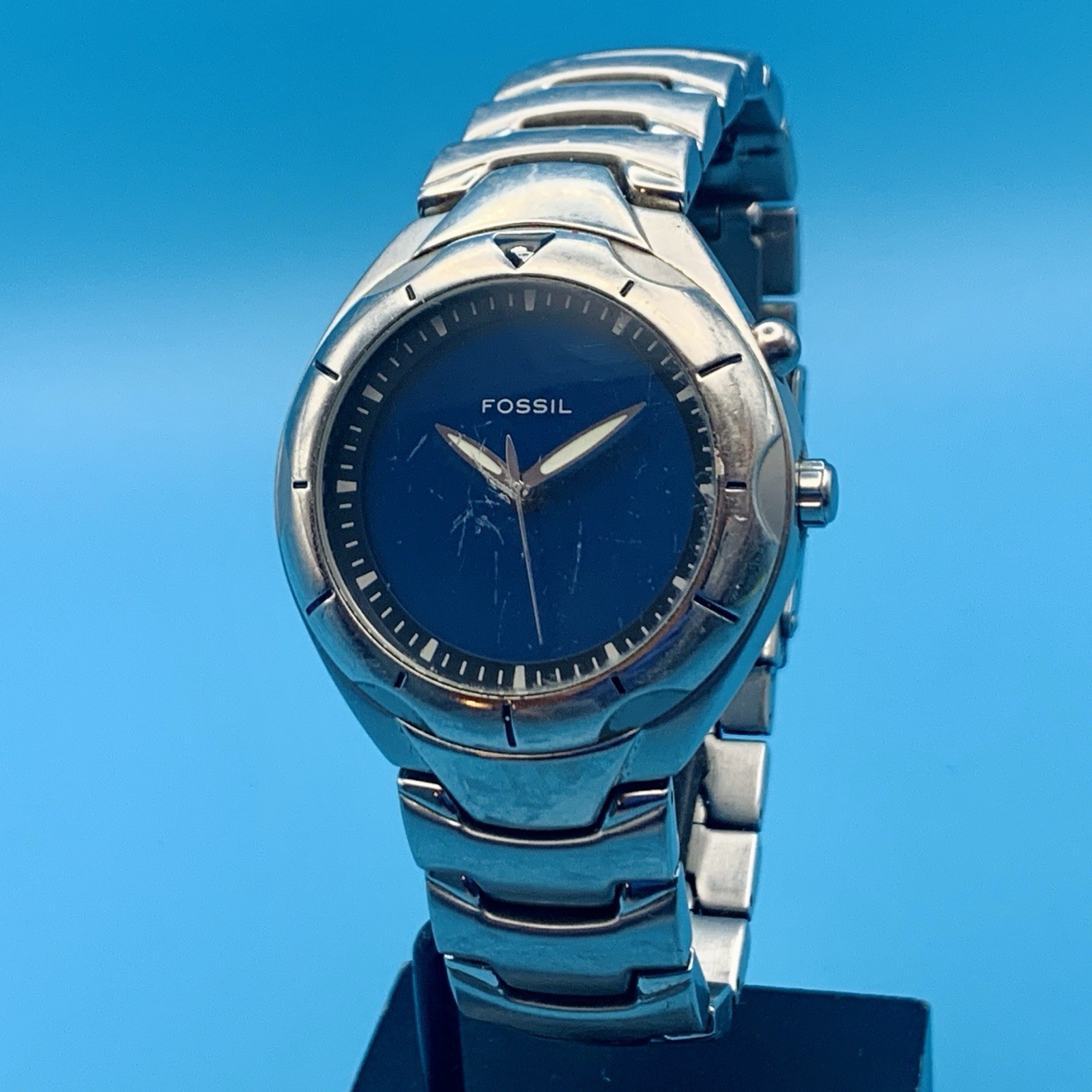 FOSSIL BLUE AM-3535 Men’s Vintage ‘Big Tic Style’ Wristwatch Working New Battery