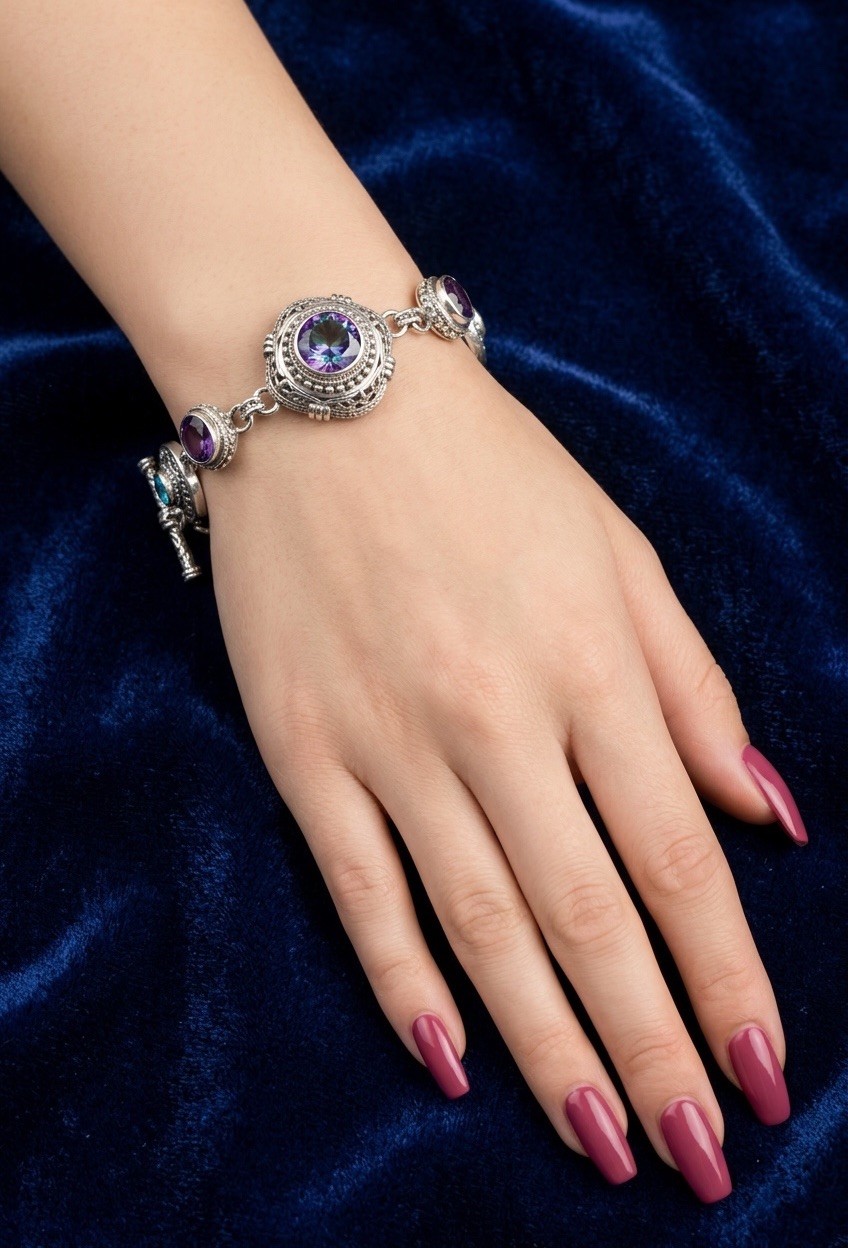 Sarda Sterling Silver Mystic Topaz, Amethyst and Blue Topaz Bracelet