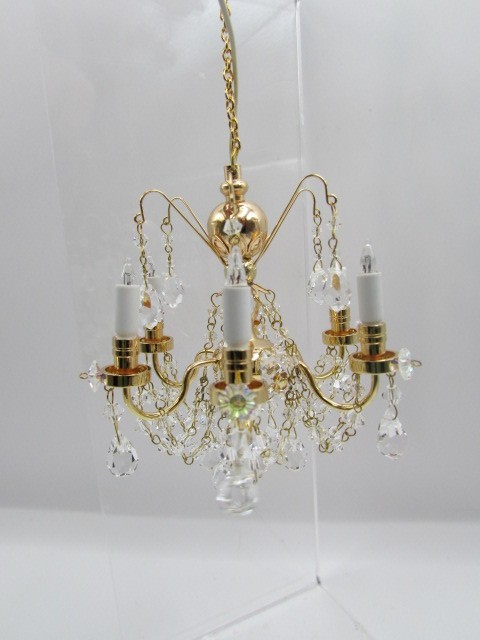 Dollhouse Miniature 12v Electric Brass 6 Arm Crystal Chandelier HW2816 