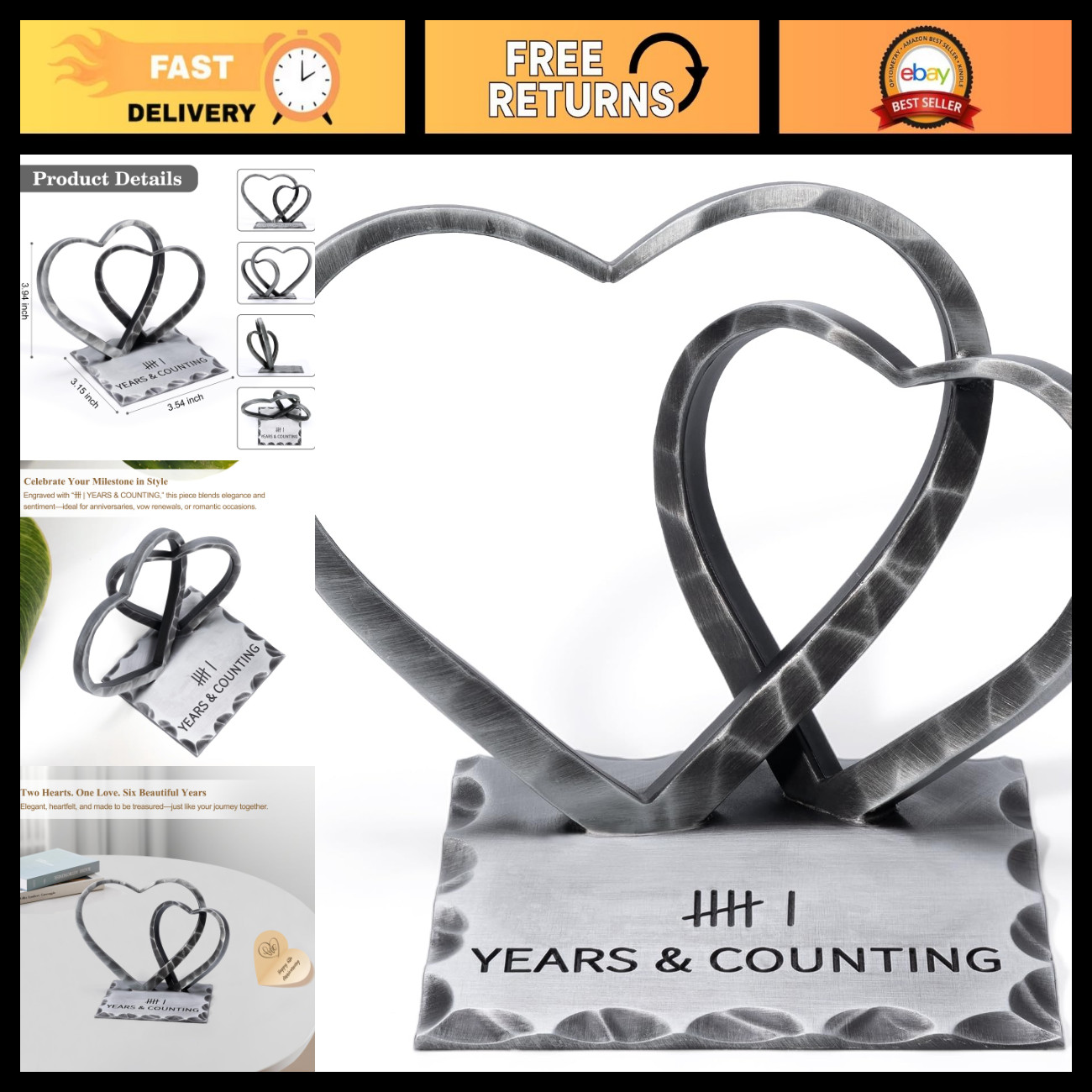 Handcrafted Iron Hearts Sculpture - Unique 6th Anniversary Gift for Him & Her