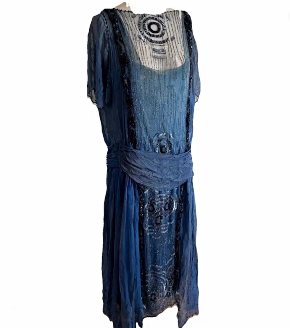 1910s Antique  Bernard Vintage Blue Beaded Sequin Sheath Dress ( needs love )