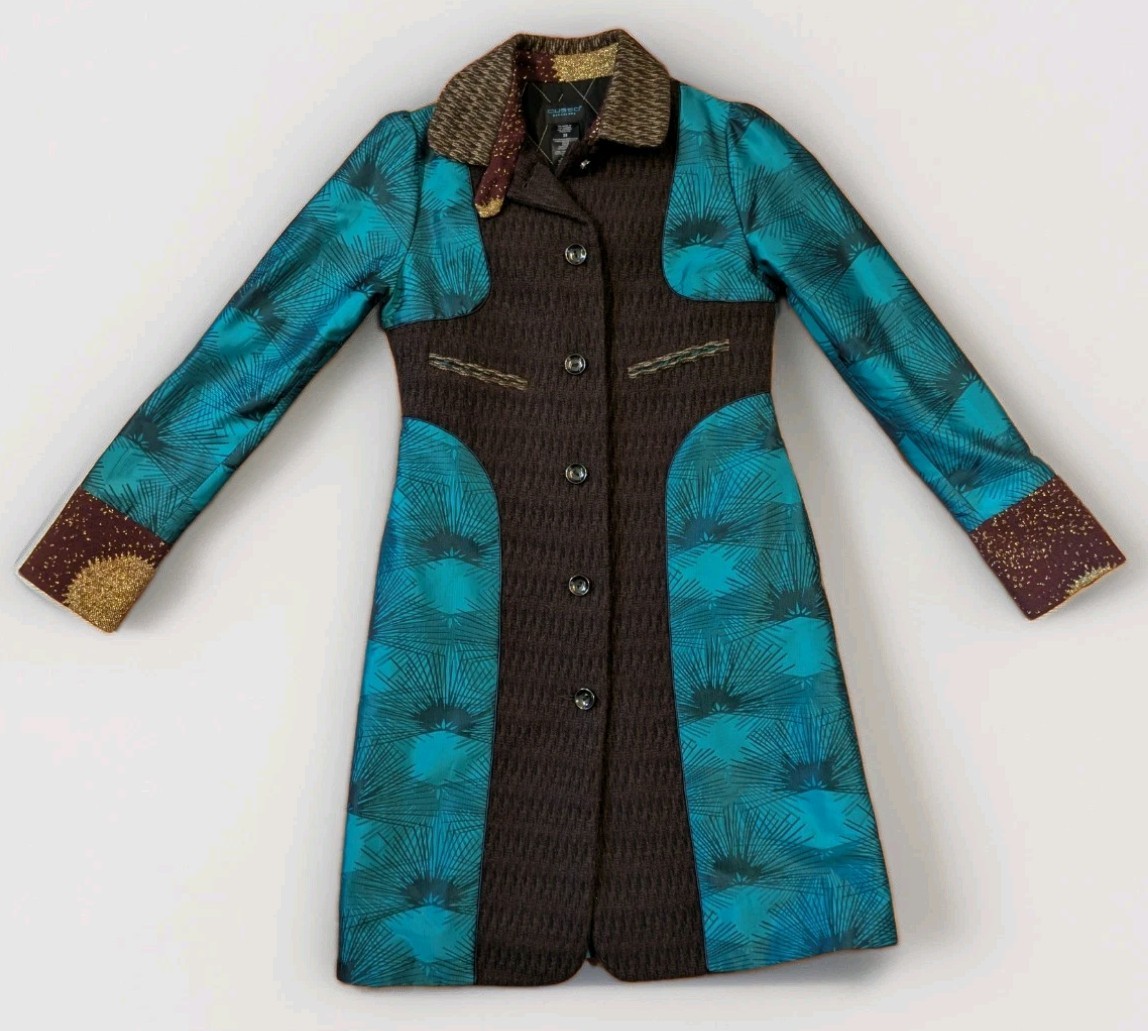 Y2K Custo Barcelona Womens 38 Teal Black Graphic Long Coat Jacket Art Wear Y2K Custo Barcelona Womens 38 Teal Black Graphic Long Coat Jacket Art Wear
