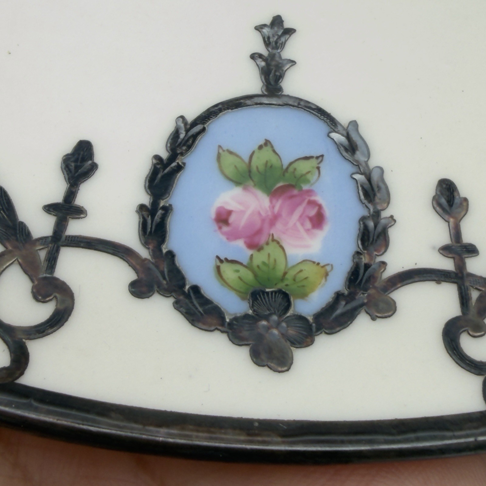 RARE ANTIQUE LENOX BELLEEK SILVER OVERLAY W/ BLUE FLORAL COMPOTE SERVER RARE ANTIQUE LENOX BELLEEK SILVER OVERLAY W/ BLUE FLORAL COMPOTE SERVER
