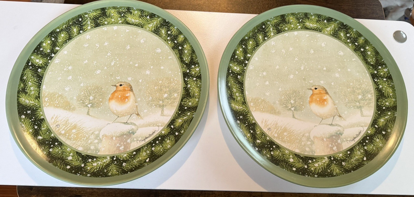 2 Hallmark Marjolein Bastion Plate winter scene with bird 12 inches set of 2