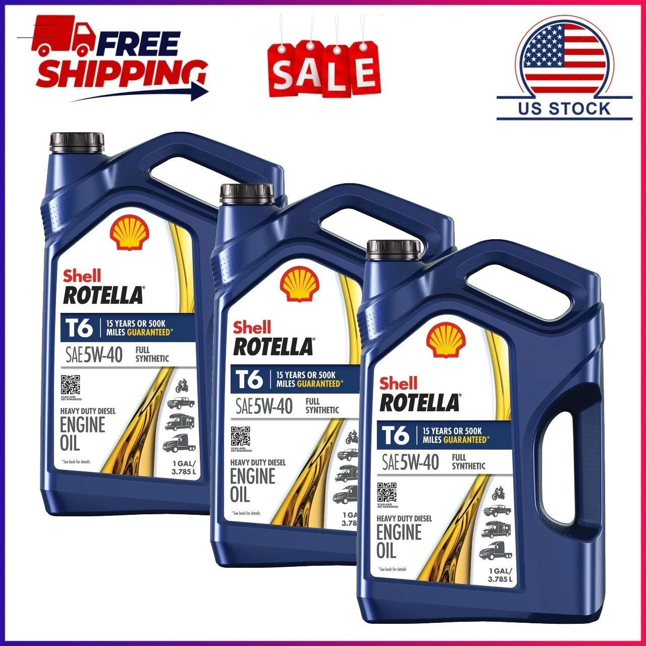(3 pack) Shell Rotella T6 Full Synthetic 5W-40 Diesel Engine Oil, 1 Gallon (3 pack) Shell Rotella T6 Full Synthetic 5W-40 Diesel Engine Oil, 1 Gallon