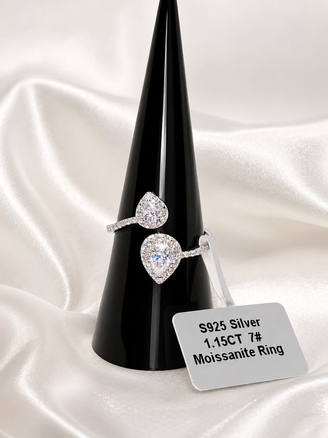 925 Sterling Silver Moissanite Open Pear Ring 1.15CT Size 7 Adjustable 