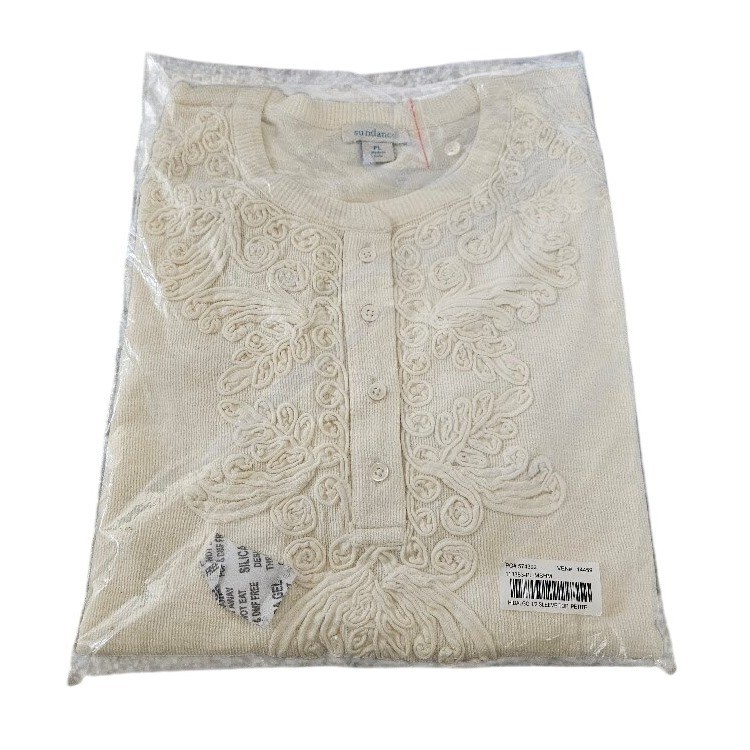Sundance Hidalgo Cream Soutache Embroidered Henley 1/2 Sleeve Top Petite Large