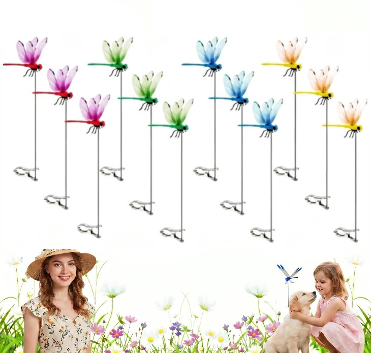 12 Fake Dragonflie with Stakes Plastic Dragonfly Garden Decoration Outdoor Decor
