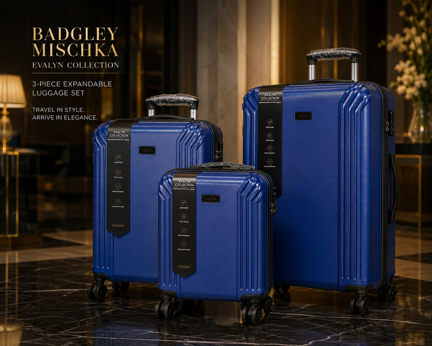 Badgley Mischka Evalyn Collection 3-Piece Hardside Luggage Set Blue Expandable